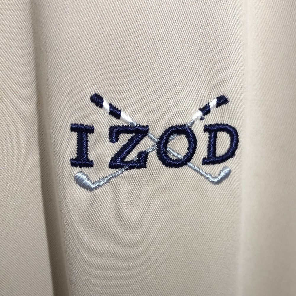 Izod Men's Beige Tan Navy Blue collared Golf Windbreaker MEDIUM two pocket w zip